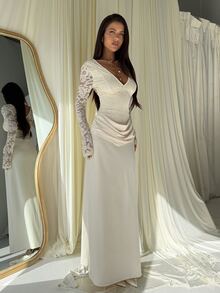 Aloruh Women's Elegant Sexy Backless Lace Patchwork Cocktail Party Dinner Mother Of The Bride Dress, Autumn/Winter Evening, Long Sleeve, Cream White Wedding - Light Yellow - View 4