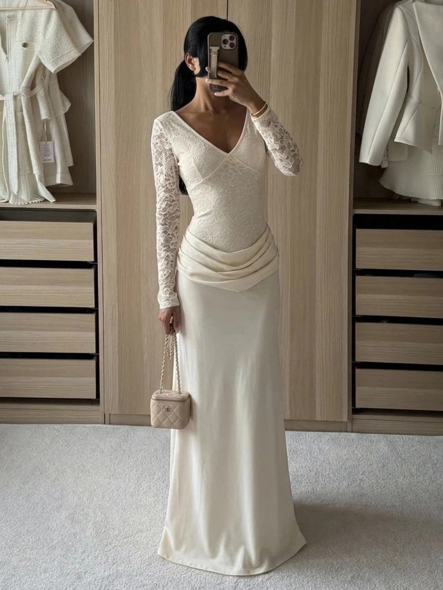 Aloruh Women's Elegant Sexy Backless Lace Patchwork Cocktail Party Dinner Mother Of The Bride Dress, Autumn/Winter Evening, Long Sleeve, Cream White Wedding