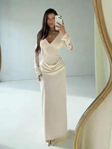 Aloruh Women's Elegant Sexy Backless Lace Patchwork Cocktail Party Dinner Mother Of The Bride Dress, Autumn/Winter Evening, Long Sleeve, Cream White Wedding - Light Yellow - View 5