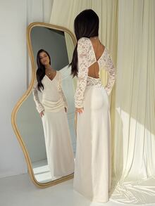Aloruh Women's Elegant Sexy Backless Lace Patchwork Cocktail Party Dinner Mother Of The Bride Dress, Autumn/Winter Evening, Long Sleeve, Cream White Wedding - Light Yellow - View 6