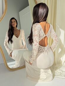 Aloruh Women's Elegant Sexy Backless Lace Patchwork Cocktail Party Dinner Mother Of The Bride Dress, Autumn/Winter Evening, Long Sleeve, Cream White Wedding - Light Yellow - View 7