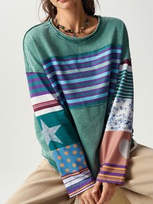 Bohemela بلوزة رياضية نسائية محبوكة بتصميم رقع كاجوال - أخضر - مشاهدة 5