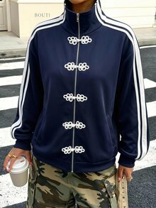 Muchica Women's Navy Blue Thermal Lined New Chinese Style Frog Button Tape Patchwork Stand Collar Zip-Up Sweatshirt Everyday Streetwear Sport Autumn - Royal Blue - View 4