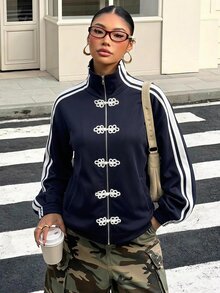 Muchica Women's Navy Blue Thermal Lined New Chinese Style Frog Button Tape Patchwork Stand Collar Zip-Up Sweatshirt Everyday Streetwear Sport Autumn - Royal Blue - View 3