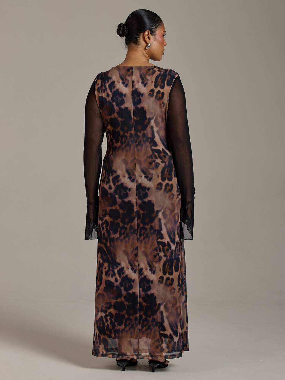 Plus Size Contrast Animal Print Mesh Dress Sheer Sleeves Autumn Winter Dressing Eveningwear Date Night Trending Leopard Print Curve Long Dress Fall Clothes For Women