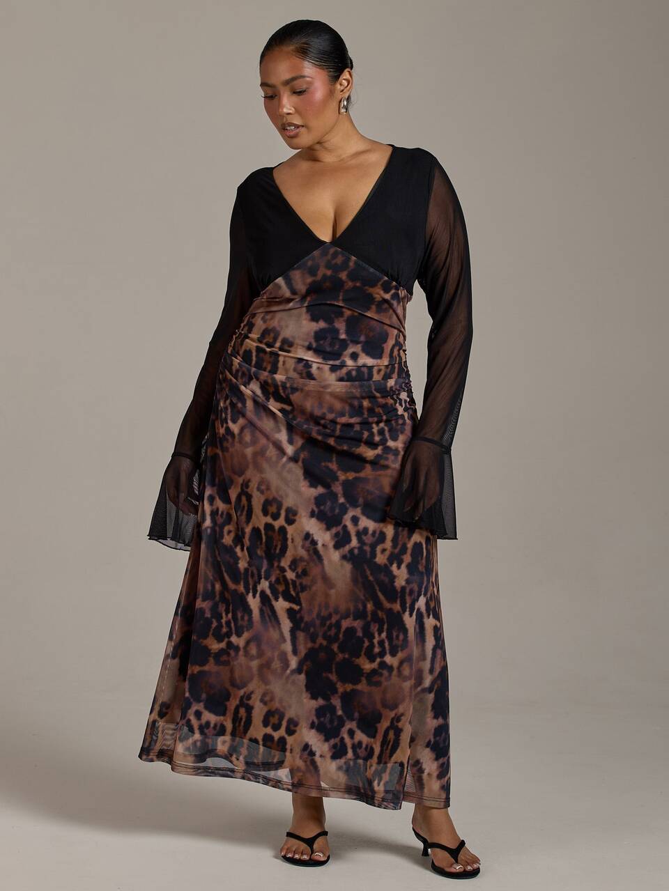 Plus Size Contrast Animal Print Mesh Dress Sheer Sleeves Autumn Winter Dressing Eveningwear Date Night Trending Leopard Print Curve Long Dress Fall Clothes For Women
