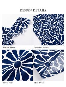 ELLERISSA Plus Size Navy Blue Floral Print Square Neck Shirred Bodice Ruffle Strap Midi Dress - Navy Blue - View 7