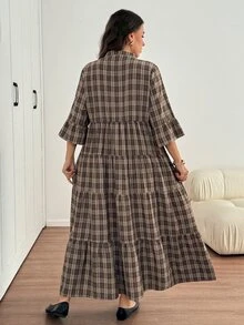 Easowa Curve 大尺碼休閒格紋洋裝 1960s 90s 1920s 風格 秋季早午餐 辦公居家穿搭 棕色 - 咖啡棕 - 查看 2