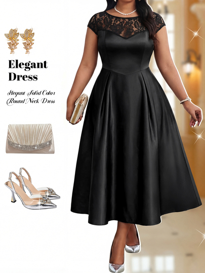 Fleurora Plus Size Women Contrast Lace Round Neck Cap Sleeve Elegant 1950s Vintage Dress Summer Wedding Outfits For Party Cocktail Black Formal Wedding Guest