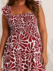 ELLERISSA Plus Size Burgundy Floral Print Square Neck Shirred Bodice Ruffle Strap Midi Dress - Burgundy - View 6