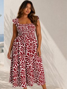 ELLERISSA Plus Size Burgundy Floral Print Square Neck Shirred Bodice Ruffle Strap Midi Dress - Burgundy - View 3
