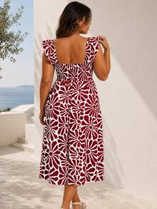 ELLERISSA Plus Size Burgundy Floral Print Square Neck Shirred Bodice Ruffle Strap Midi Dress - Burgundy - View 2
