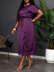 SHEIN Clasi Plus Size Women's Summer New Batwing Sleeve Dress Dark Purple Suitable For Daily Commute Versatile Multi-Occasion Wear Evening Elegant - Purple - View 5