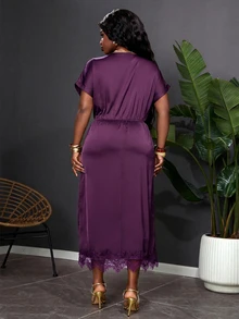 SHEIN Clasi Plus Size Women's Summer New Batwing Sleeve Dress Dark Purple Suitable For Daily Commute Versatile Multi-Occasion Wear Evening Elegant - Purple - View 2