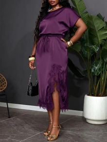 SHEIN Clasi Plus Size Women's Summer New Batwing Sleeve Dress Dark Purple Suitable For Daily Commute Versatile Multi-Occasion Wear Evening Elegant - Purple - View 6