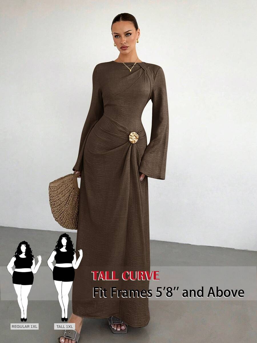 SHEIN Tall CURVE 大尺碼女款圓領喇叭袖腰部金屬裝飾優雅洋裝 - 摩卡棕 - 查看 1