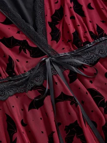 ROMWE Dark Gothic Plus Size Women's Dress, Bat Print Lace Bell Sleeve Design, Halloween Party Asymmetrical Hem Short Dress - Burgundy - View 4
