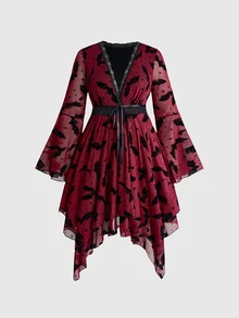 ROMWE Dark Gothic Plus Size Women's Dress, Bat Print Lace Bell Sleeve Design, Halloween Party Asymmetrical Hem Short Dress - Burgundy - View 1