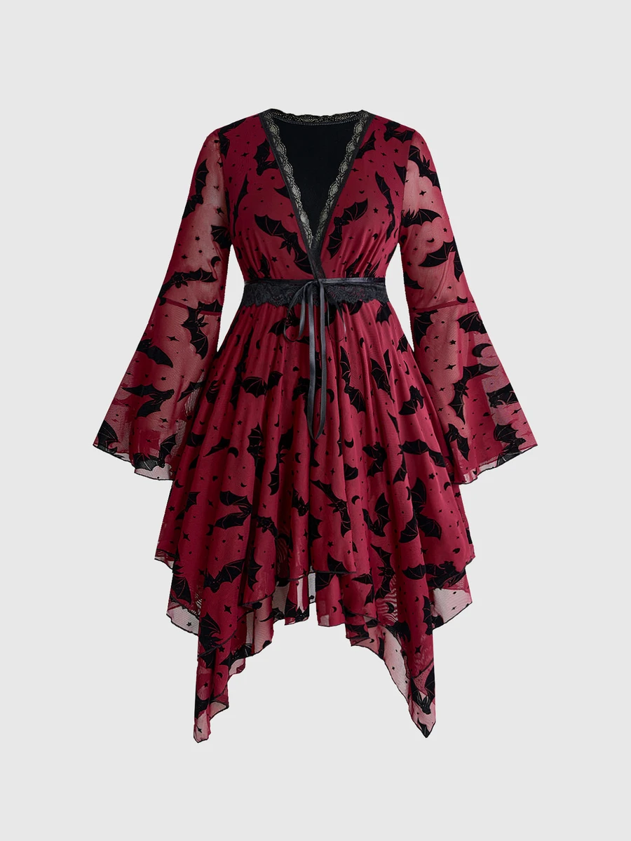ROMWE Dark Gothic Plus Size Women's Dress, Bat Print Lace Bell Sleeve Design, Halloween Party Asymmetrical Hem Short Dress - Burgundy - View 1