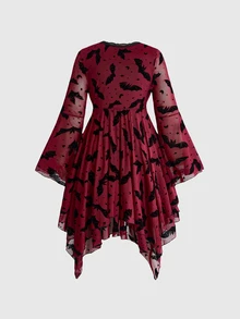ROMWE Dark Gothic Plus Size Women's Dress, Bat Print Lace Bell Sleeve Design, Halloween Party Asymmetrical Hem Short Dress - Burgundy - View 2