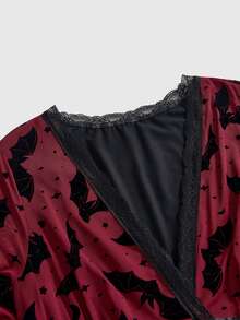 ROMWE Dark Gothic Plus Size Women's Dress, Bat Print Lace Bell Sleeve Design, Halloween Party Asymmetrical Hem Short Dress - Burgundy - View 3