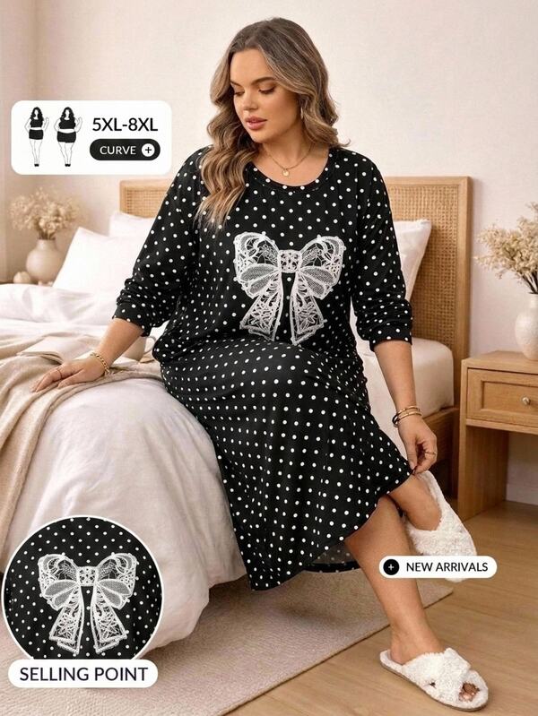 SHEIN CURVE+ Plus Size Comfortable Home Gathering Party T-Shirt Polka Dot Bow Print Long Dress Fall