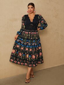 Travachic 大尺碼浪漫波希米亞風花卉印花蕾絲飾邊拼接長袖女款約會派對秋冬洋裝 - 彩色 - 查看 9