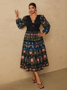 Travachic 大尺碼浪漫波希米亞風花卉印花蕾絲飾邊拼接長袖女款約會派對秋冬洋裝 - 彩色 - 查看 7