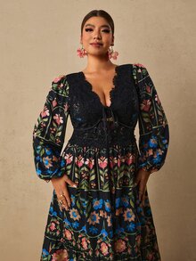 Travachic 大尺碼浪漫波希米亞風花卉印花蕾絲飾邊拼接長袖女款約會派對秋冬洋裝 - 彩色 - 查看 4