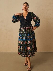 Travachic 大尺碼浪漫波希米亞風花卉印花蕾絲飾邊拼接長袖女款約會派對秋冬洋裝 - 彩色 - 查看 6