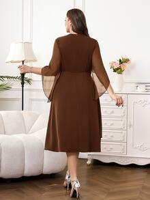 Reflora Plus Size Women V-Neck Rhinestone Decor Casual Party Dress Fall - Brown - View 8