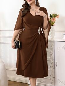 Reflora Plus Size Women V-Neck Rhinestone Decor Casual Party Dress Fall - Brown - View 5