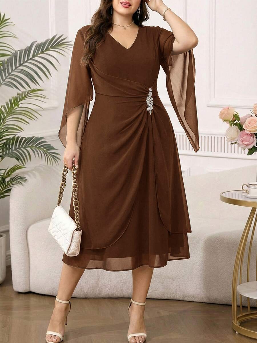 Reflora Plus Size Women V-Neck Rhinestone Decor Casual Party Dress Fall - Brown - View 1