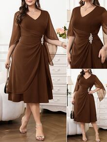 Reflora Plus Size Women V-Neck Rhinestone Decor Casual Party Dress Fall - Brown - View 2
