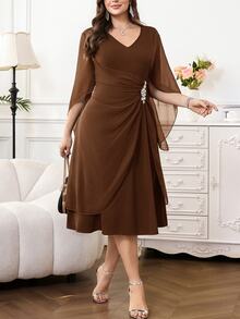 Reflora Plus Size Women V-Neck Rhinestone Decor Casual Party Dress Fall - Brown - View 9