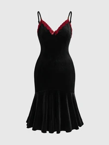 ROMWE Dark Gothic Contrast Color Patchwork Pleated Velvet Cocktail Dress Plus Size Women Party Spaghetti Strap Dress - Black - View 1