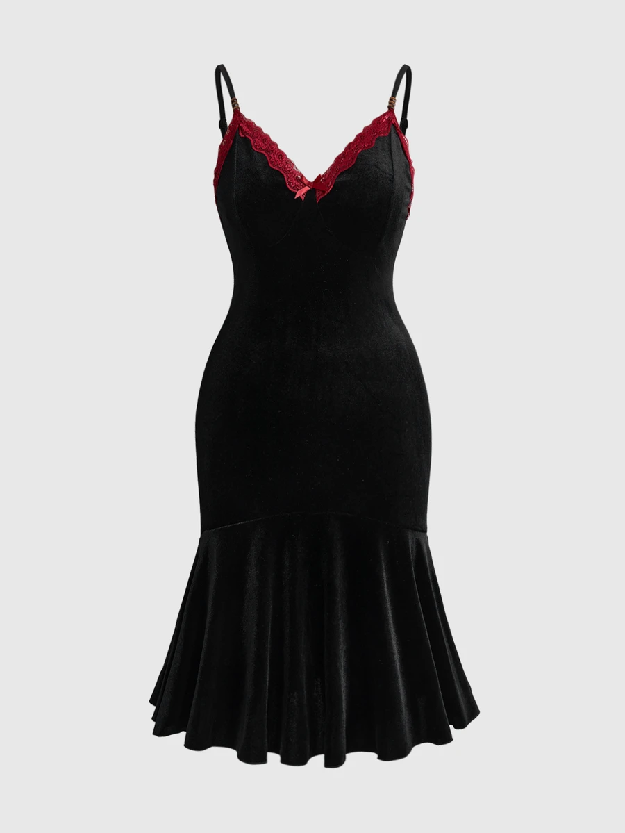 ROMWE Dark Gothic Contrast Color Patchwork Pleated Velvet Cocktail Dress Plus Size Women Party Spaghetti Strap Dress - Black - View 1