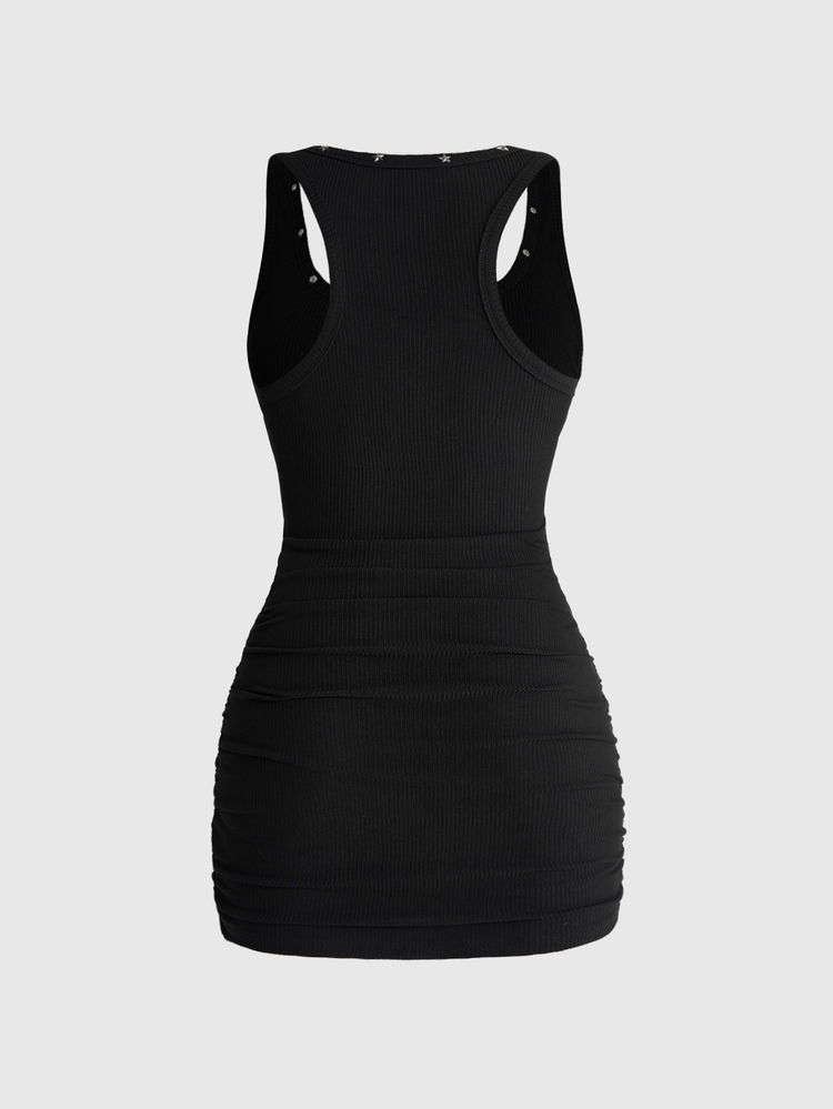 ROMWE Street Life Plus Woman Retro Baddie Unisex Streetwear Angel Face Print Pentagram Studded Bodycon Mini D - Black - View 2