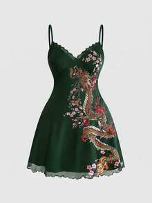 ROMWE Gothic Chinese Dragon Element Deep V-Neck Lace Patchwork Waist ...