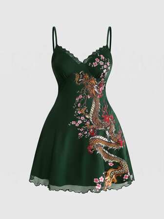 Robe camisole gothique à élément de dragon chinois, col en V profond, patchwork de dentelle, taille cintrée, grande taille pour femmes, peut être portée comme robe ou top