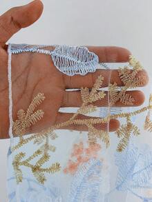 Viva Relle 大尺碼女款露肩花卉刺繡中長洋裝，優雅派對穿搭，縮褶胸部設計與蕾絲飾邊洋裝 - 天藍色 - 查看 8