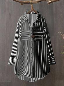 Linhara Plus Size Women's Best-Selling Casual Striped Colorblock Patchwork Long Sleeve Shirt Dress, Minimalist Straight Comfortable Fit, Suitable For Daily Wear, Commuting, Outings, Dates And Gatherings - Multicolor - View 1