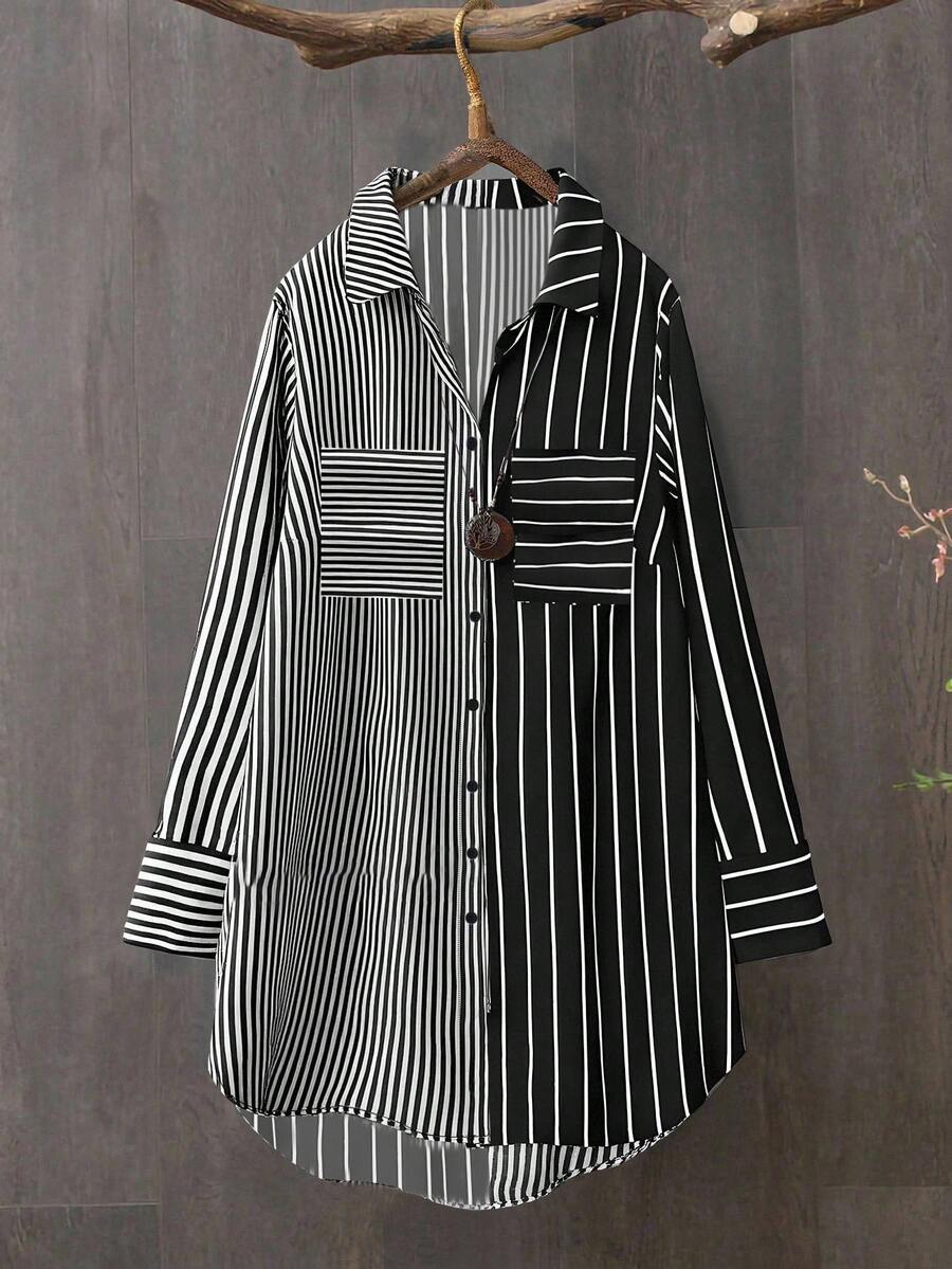 Linhara Plus Size Women's Best-Selling Casual Striped Colorblock Patchwork Long Sleeve Shirt Dress, Minimalist Straight Comfortable Fit, Suitable For Daily Wear, Commuting, Outings, Dates And Gatherings - Multicolor - View 1