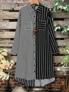 Linhara Plus Size Women's Best-Selling Casual Striped Colorblock Patchwork Long Sleeve Shirt Dress, Minimalist Straight Comfortable Fit, Suitable For Daily Wear, Commuting, Outings, Dates And Gatherings - Multicolor - View 7