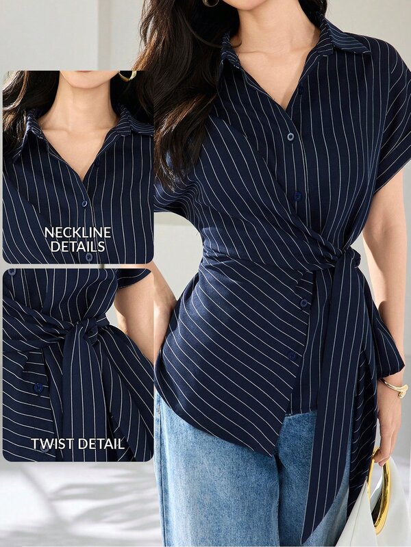 Modelyn Plus Size Women Navy Blue Short Sleeve Tie Waist Casual Shirt Office Summer