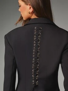 MISSGUIDED Blazer Mini Dress With Deep V Notch Lapel Gold Embellished Buttons And Lace-Up Corset Back Detail Long Sleeve Party Evening Style - Black - View 4