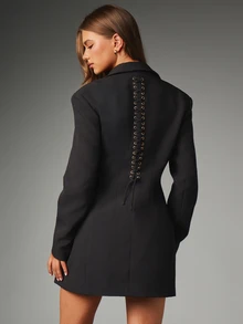 MISSGUIDED Blazer Mini Dress With Deep V Notch Lapel Gold Embellished Buttons And Lace-Up Corset Back Detail Long Sleeve Party Evening Style - Black - View 2