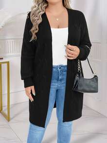 SHEIN LUNE CURVE Plus Size Casual Soft Form Twisted Rope Cable Knit Long Sleeve Cardigan Office Formal Vacation Black Autumn Work Outfits For Women Going Out Winter - Black - View 1