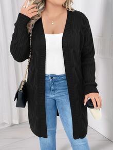 SHEIN LUNE CURVE Plus Size Casual Soft Form Twisted Rope Cable Knit Long Sleeve Cardigan Office Formal Vacation Black Autumn Work Outfits For Women Going Out Winter - Black - View 3