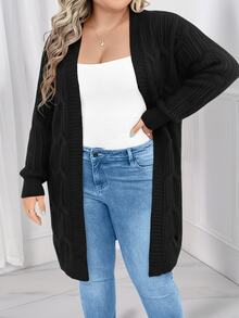 SHEIN LUNE CURVE Plus Size Casual Soft Form Twisted Rope Cable Knit Long Sleeve Cardigan Office Formal Vacation Black Autumn Work Outfits For Women Going Out Winter - Black - View 5